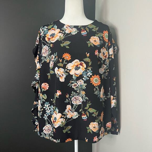 Ava & Viv Woman's Black Orange Floral Ruffle Long Sleeve Blouse- Size 1X - Picture 1 of 13